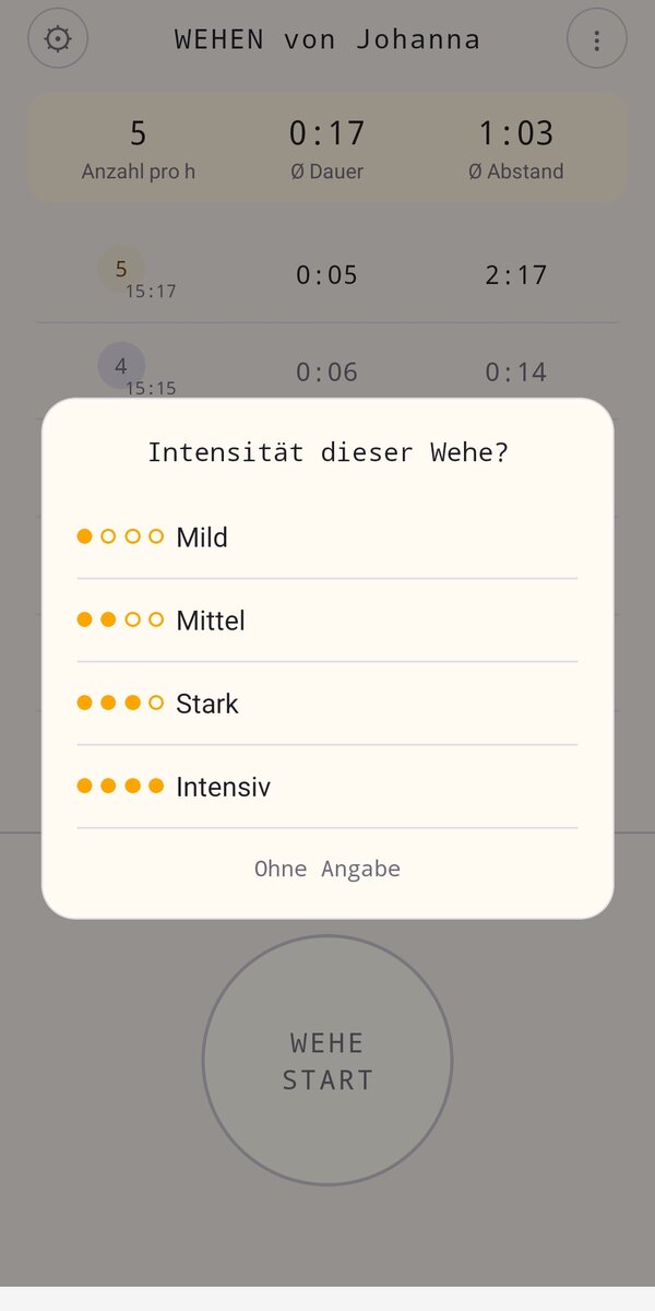 MomTick fragt nach dem Stoppen: „Intensität dieser Wehe?“ — Auswahl zwischen Mild, Mittel, Stark, Intensiv oder ohne Angabe.